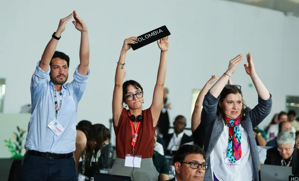 Delegados da Colômbia fazem protesto durante a COP 30