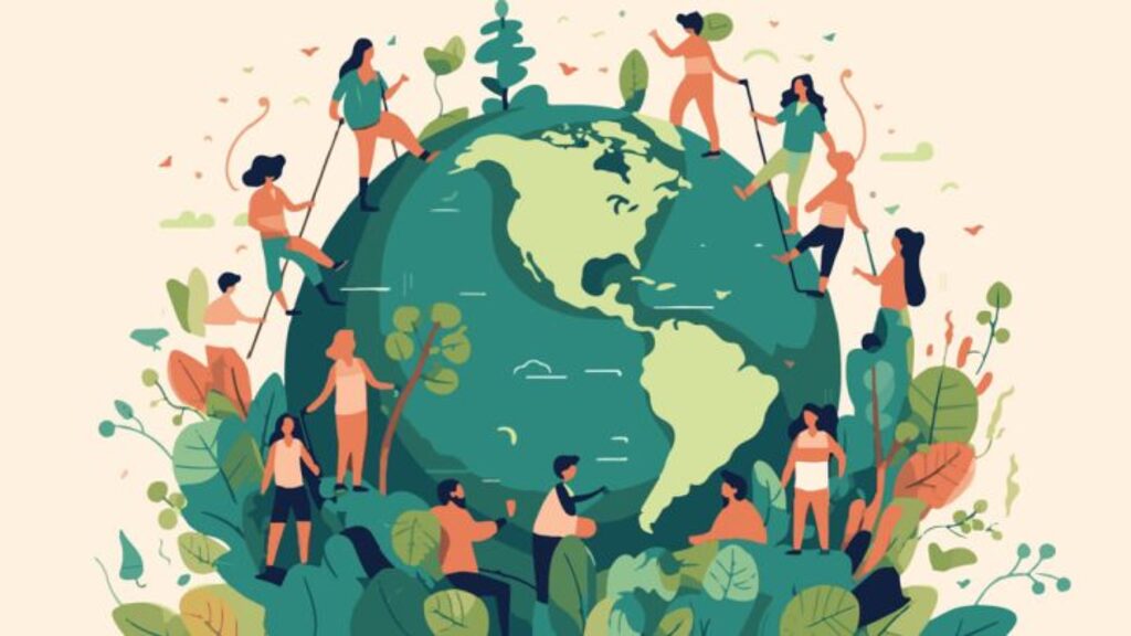 Imagem de pessoas plantando ao redor de um globo terrestre