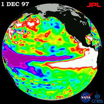 Fenômeno climático El Niño de 1997-1998 registrado pelos satélites do projeto Topex/Poseidon. Foto: En.wicipedia.org 