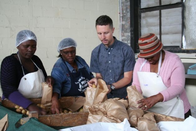 Christopher D’Aiuto, especialista em solos e coordenador de produção da iniciativa Harvest of Hope, ajuda um grupo de mulheres da organização Abalimi Bezekhaya a preparar pacotes com verduras frescas. Foto: Astrid Stark/IPS 