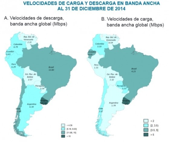 Mapa da velocidade da banda larga na América Latina no final de 2014, segundo informe da Comissão Econômica da América Latina e do Caribe (Cepal). Foto: Cepal