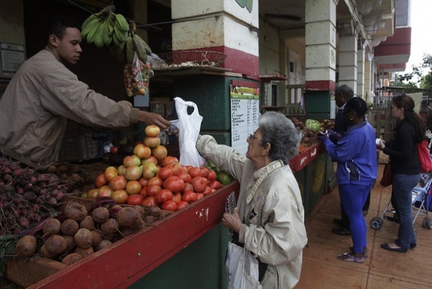 Uma mulher paga a compra de produtos agrícolas em um mercado administrado por trabalhadores autônomos, onde são vendidas frutas e verduras da cooperativa Nicomedes Corvo, no bairro de El Vedado, em Havana, capital de Cuba. Foto: Jorge Luis Baños/IPS 