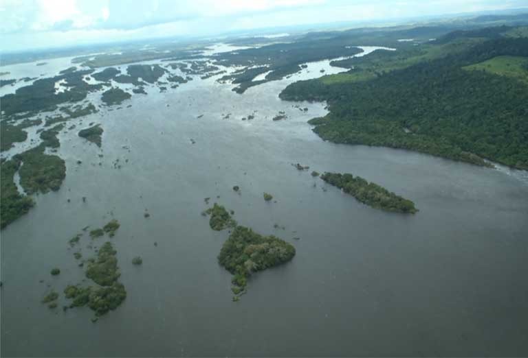 Volta Grande, no Rio Xingu, que sofrerá grande redução devido à represa Belo Monte. Espécies endêmicas de peixes estarão em risco direto, e a exposição do leito do rio permitirá que 1.305 km2 de minas de ouro sejam exploradas por meio de concessão. Foto: © Philip Fearnside.