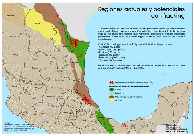 Regiões de desenvolvimento atual e futuro da fratura hidráulica, ou fracking, no México, onde as comunidades afetadas dizem carecer de informação. Foto: Cortesia de Cartocrítica