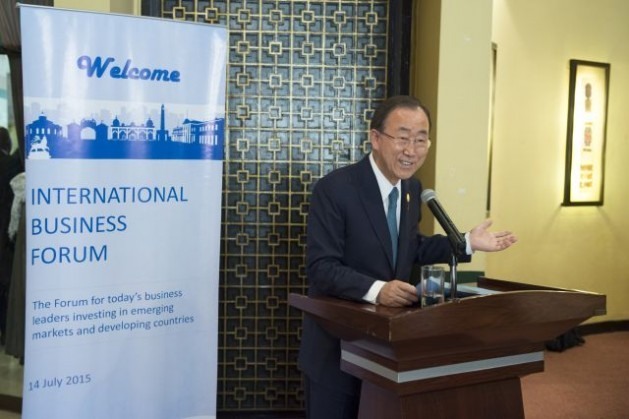 O secretário-geral da ONU, Ban Ki-moon, fala no Fórum Empresarial Internacional da Terceira Conferência Internacional das Nações Unidas sobre Financiamento para o Desenvolvimento. Foto: Eskinder Debebe/ONU