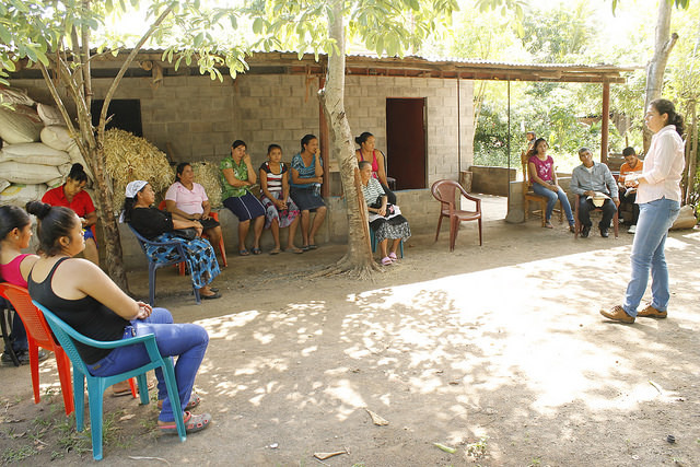 Produtores de cacau, a maioria mulheres, durante capacitação sobre adubo orgânico, com o qual enriquecerão os solos de suas áreas de cultivo, em San Simón, município de Mercedes Umaña, no departamento oriental de Usulután, no Sri Lanka. Foto: Edgardo Ayala/IPS