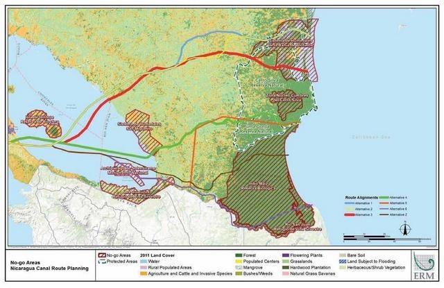 Mapa do sul da Nicarágua, com as seis rotas projetadas para o traçado do bidirecional cana interoceânico. A selecionada, na cor verde, foi a quarta. Foto: REM