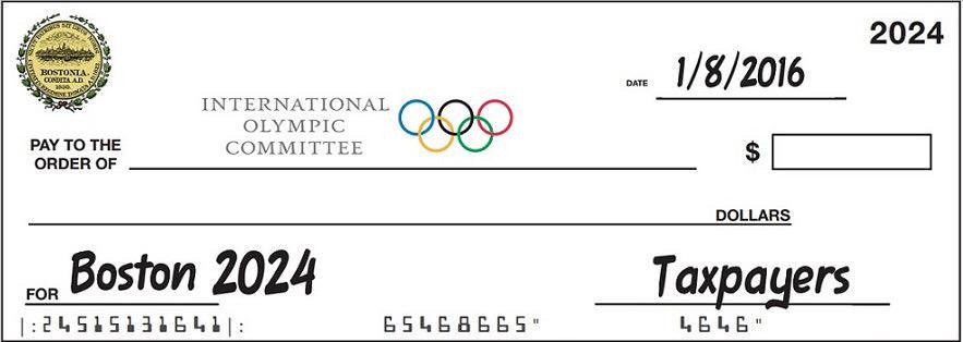 O No Boston Olympics argumentava que o COI exigia um cheque em branco assinado pelos contribuintes. A imagem acima foi usada em campanhas da organização. Foto: Reprodução/Twiter No Boston Olympics