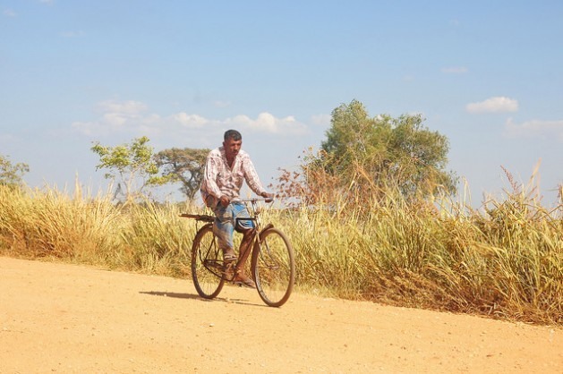 Um homem anda de bicicleta em um povoado afetado pela seca na região de Mahavellithanne, 350 quilômetros a nordeste de Colombo, capital do Sri Lanka, onde a temperatura máxima passou dos 38 graus Celsius na primeira semana deste mês. Foto: Amantha Perera/IPS