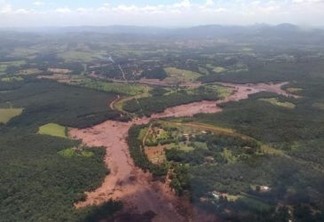 CORPO DE BOMBEIROS DE MINAS / DIVULGAÇÃO
A área atingida pelos rejeitos, em imagem feita pelo Corpo de Bombeiros de Minas