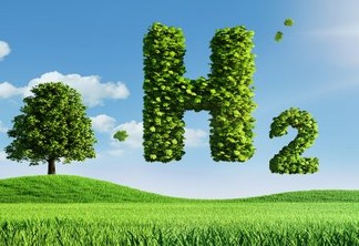 3d rendering of green hydrogen icon in a green plant environment with blue sky